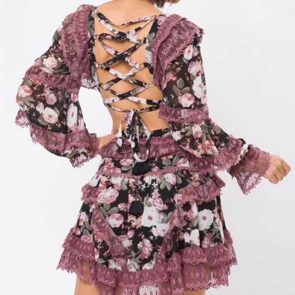 877. Floral Long Sleeve Lace Ruffle Mini Dress With Criss-Cross Back - Picture 4 of 4